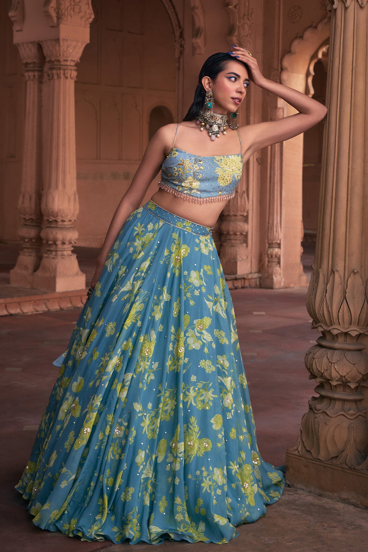 ICE B;LUE FLORAL PRINT & HIGHLIGHTED LEHENGA SET