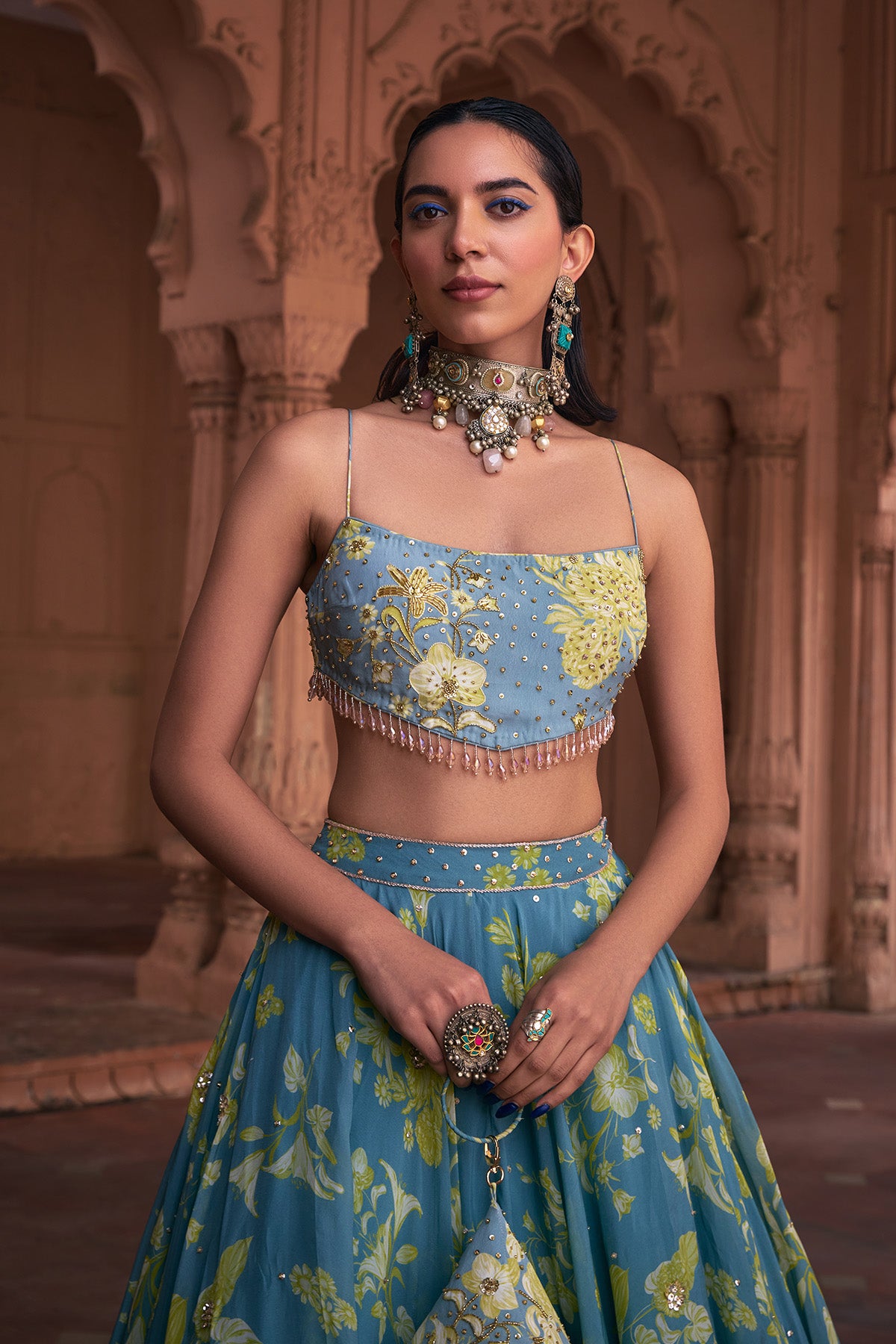 ICE B;LUE FLORAL PRINT & HIGHLIGHTED LEHENGA SET