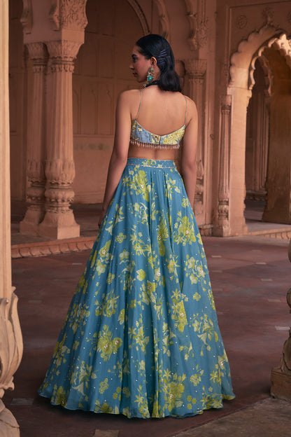 ICE B;LUE FLORAL PRINT & HIGHLIGHTED LEHENGA SET