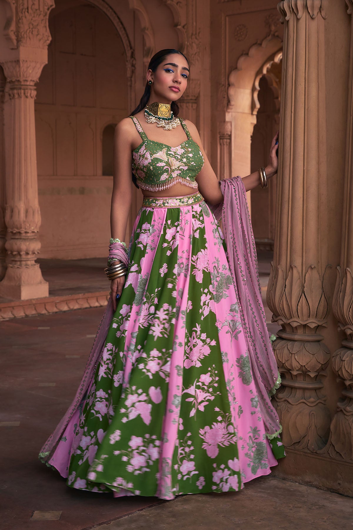 SAGE GREEN FLORAL PRINT & HIGHLIGHTED LEHENGA SET