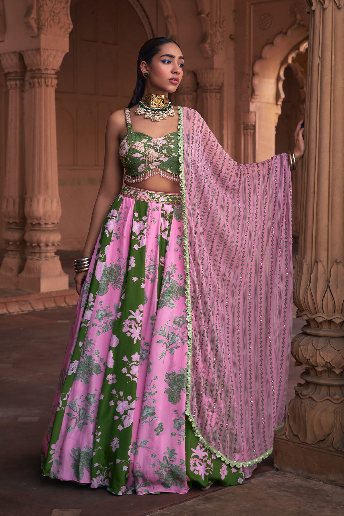 SAGE GREEN FLORAL PRINT & HIGHLIGHTED LEHENGA SET