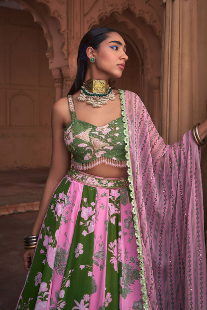 SAGE GREEN FLORAL PRINT & HIGHLIGHTED LEHENGA SET