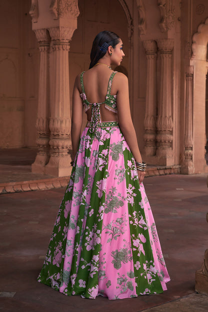 SAGE GREEN FLORAL PRINT & HIGHLIGHTED LEHENGA SET