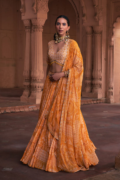 MUSTARD THIKRI PRINT & HIGHLIGHTED LEHENGA SET