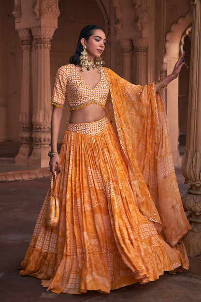 MUSTARD THIKRI PRINT & HIGHLIGHTED LEHENGA SET