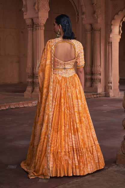 MUSTARD THIKRI PRINT & HIGHLIGHTED LEHENGA SET