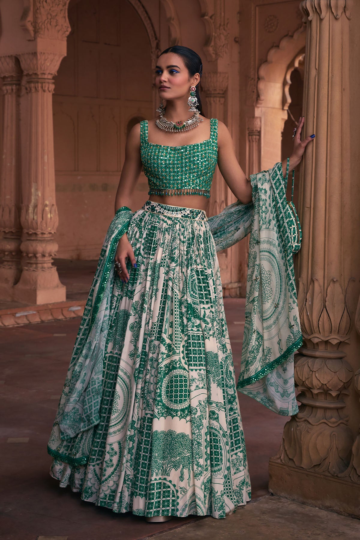 DARK GREEN THIKRI PRINT & HIGHLIGHTED LEHENGA SET