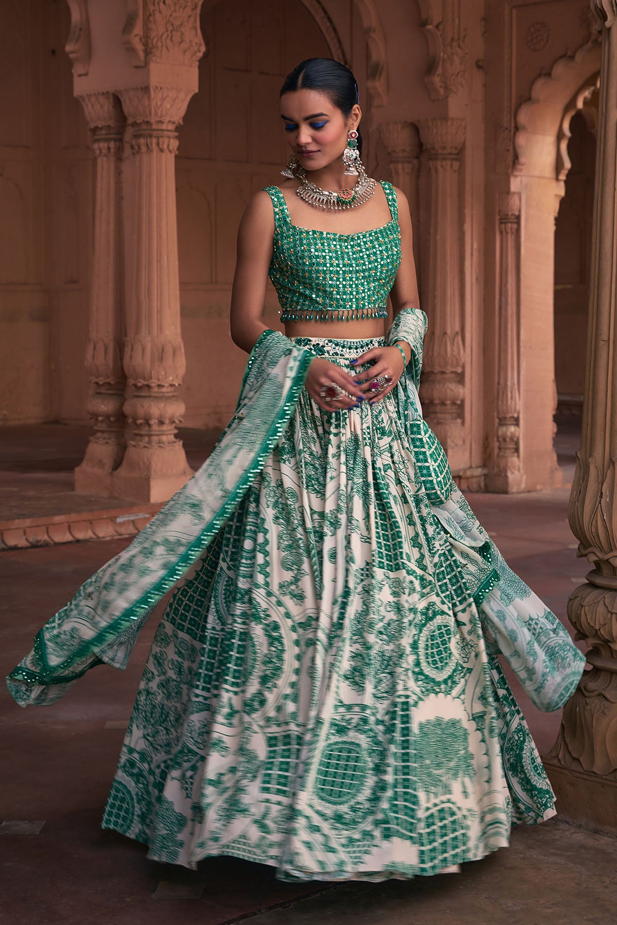 DARK GREEN THIKRI PRINT & HIGHLIGHTED LEHENGA SET