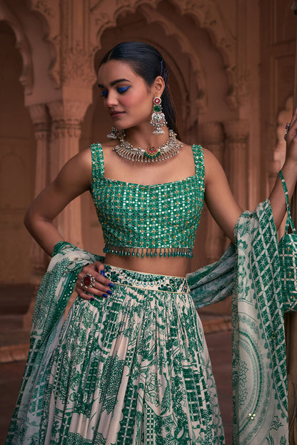 DARK GREEN THIKRI PRINT & HIGHLIGHTED LEHENGA SET