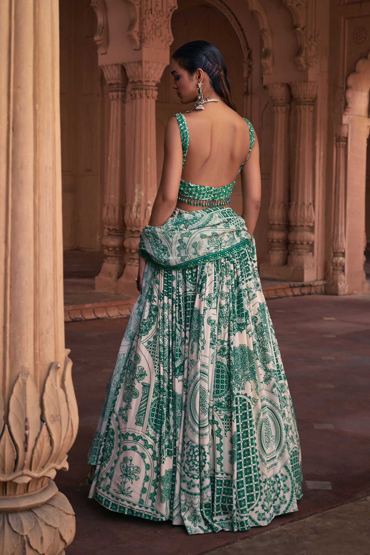 DARK GREEN THIKRI PRINT & HIGHLIGHTED LEHENGA SET