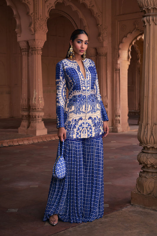 BLUE THIKRI PRINT & HIGHLIGHTED JACKET SET