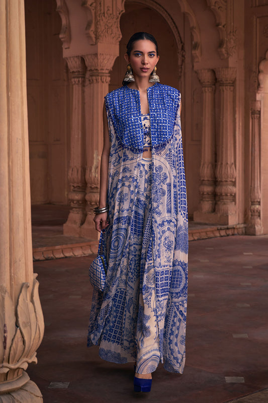 BLUE THIKRI PRINT & HIGHLIGHTED  CAPE SET