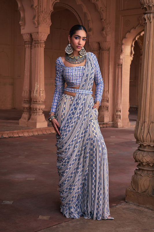 BLUE STRIPE PRINT & HIGHLIGHTED SAREE SET