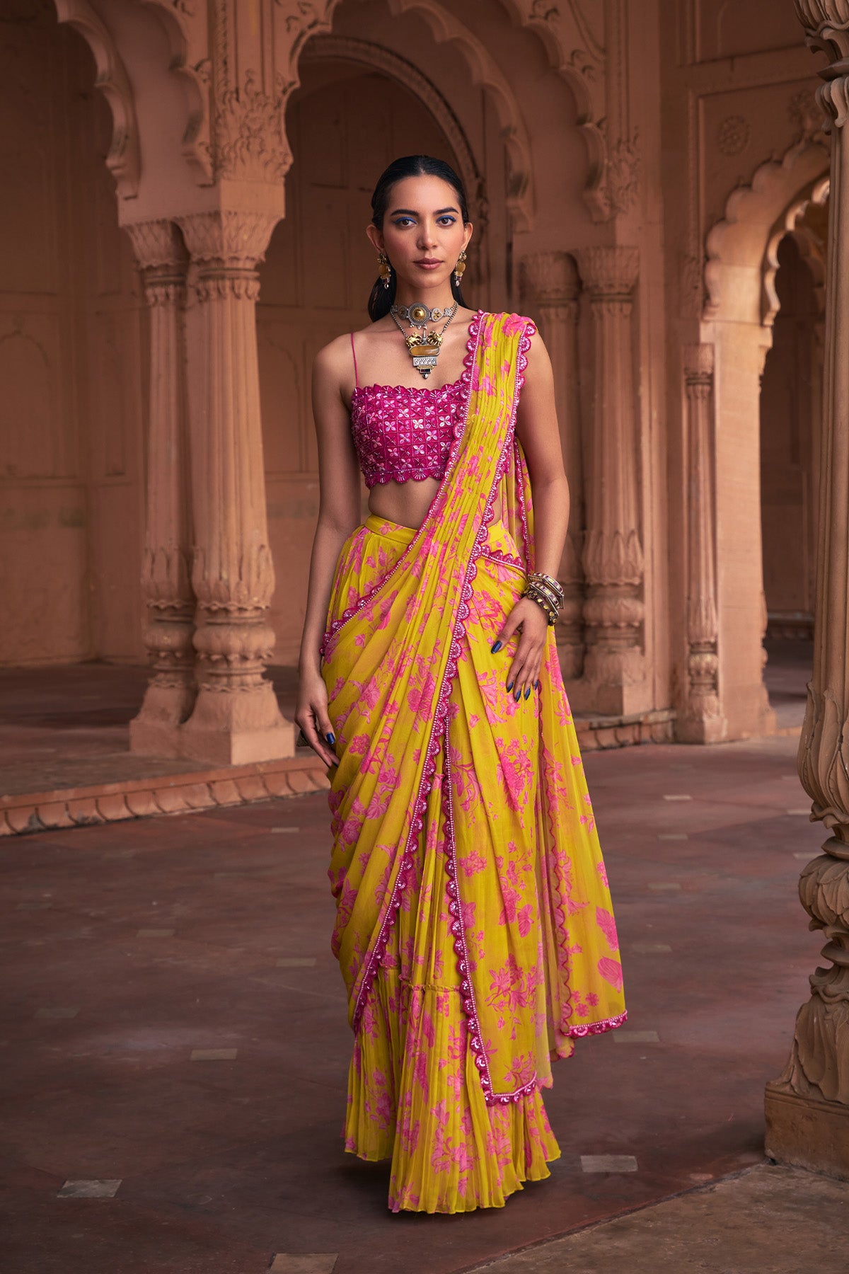 MANGO YELLOW FLORAL PRINT & HIGHLIGHTED SAREE SET