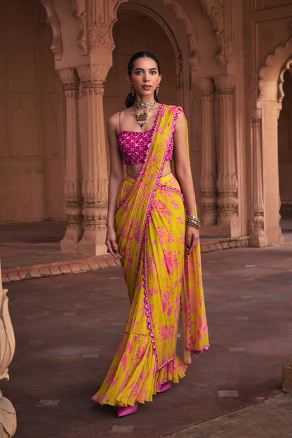 MANGO YELLOW FLORAL PRINT & HIGHLIGHTED SAREE SET