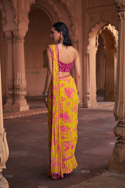 MANGO YELLOW FLORAL PRINT & HIGHLIGHTED SAREE SET