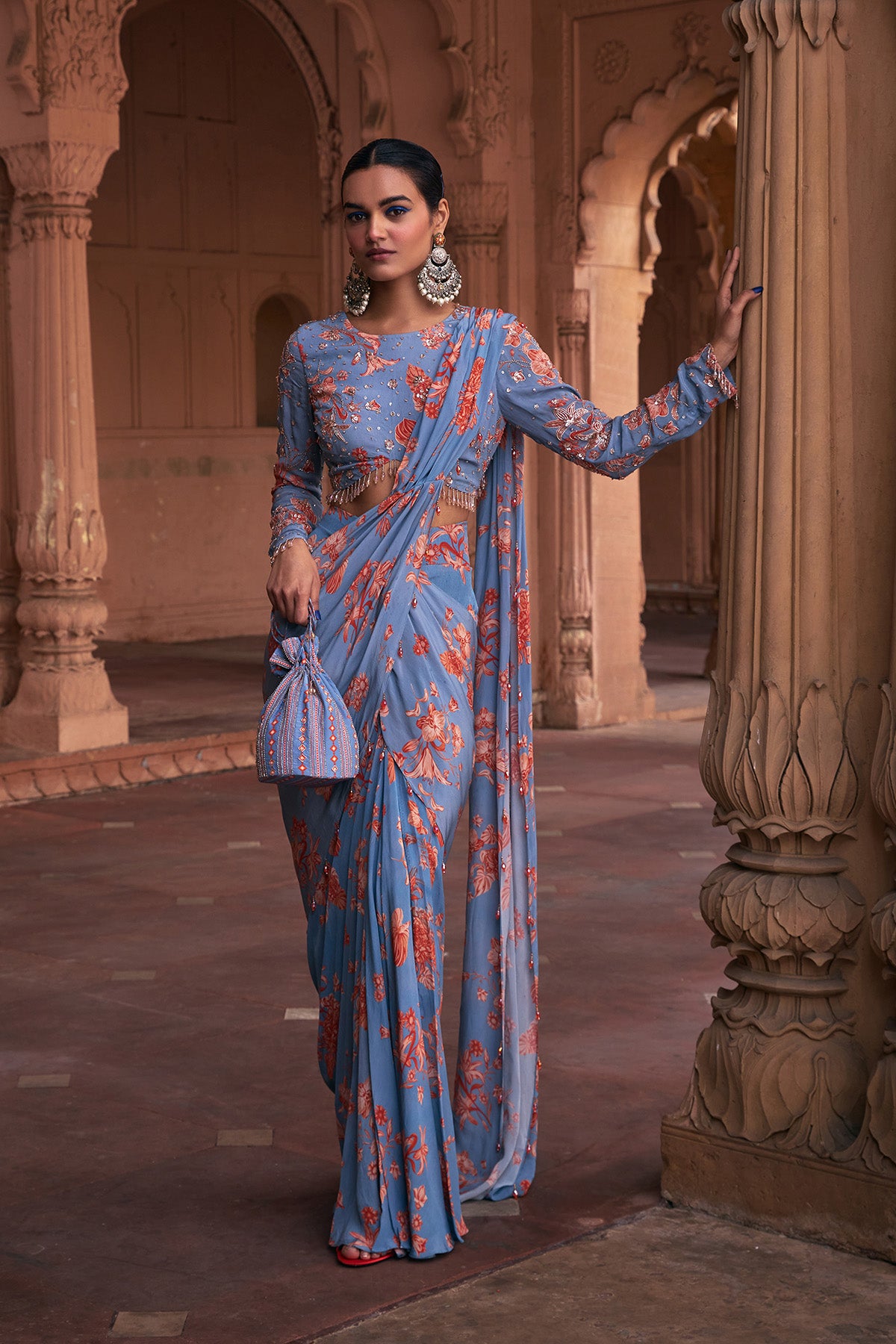 SLATE BLUE FLORAL PRINT & HIGHLIGHTED SAREE SET