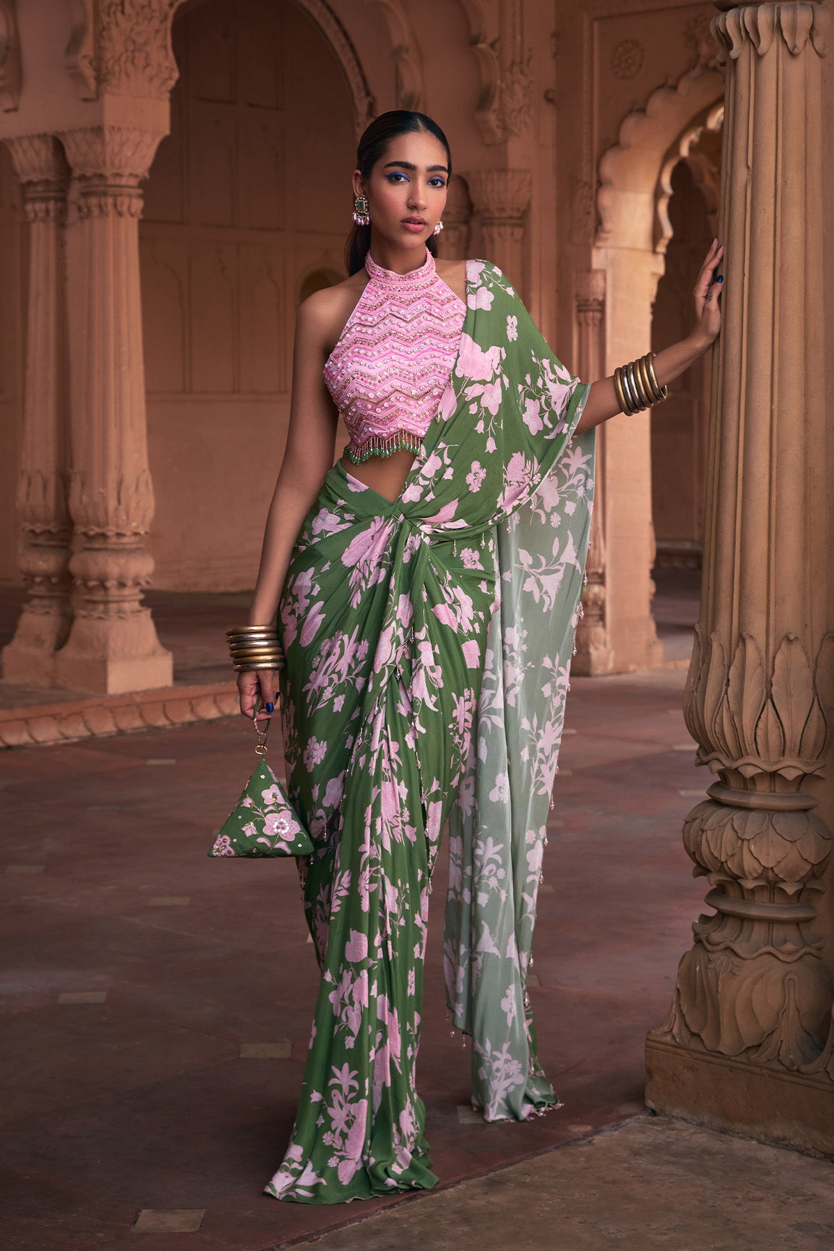 SAGE GREEN FLORAL PRINT & HIGHLIGHTED SAREE SET