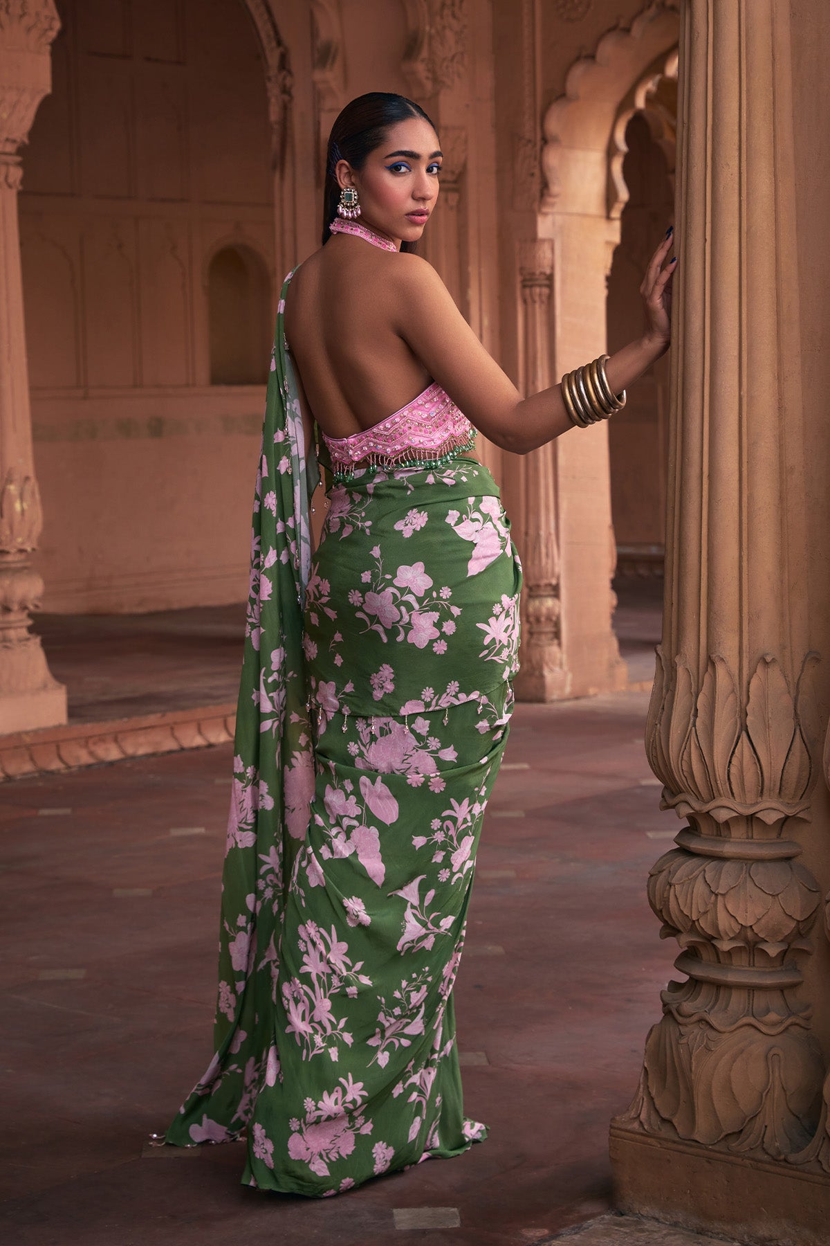 SAGE GREEN FLORAL PRINT & HIGHLIGHTED SAREE SET