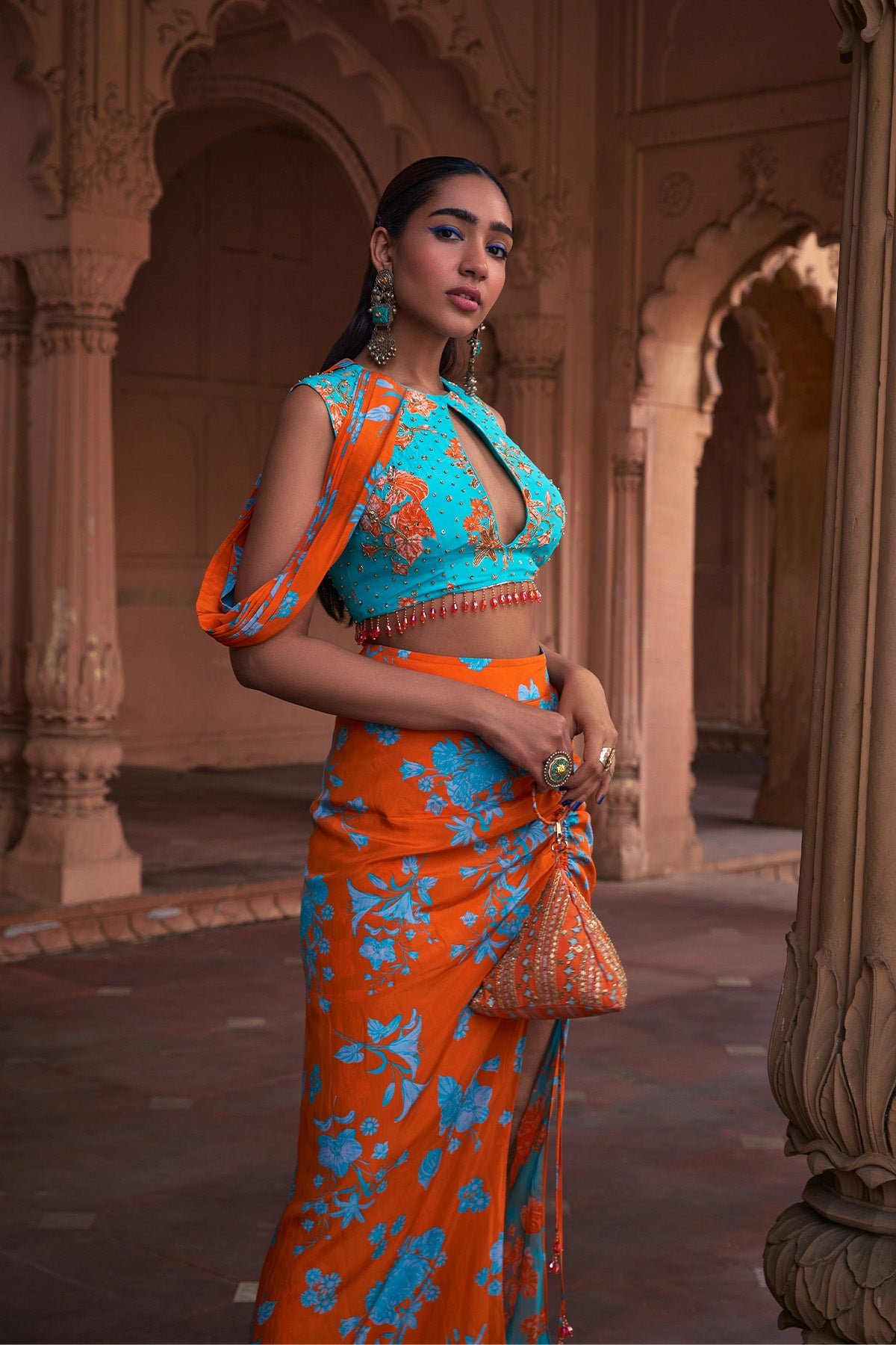 TANGERINE FLORAL PRINT & HIGHLIGHTED CROP TOP SET