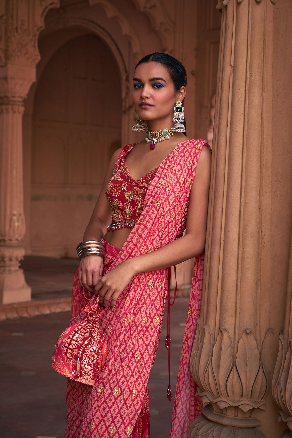 MAROON THIKRI PRINT & HIGHLIGHTED SAREE SET