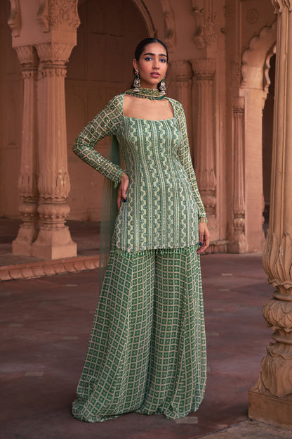 SAGE GREEN GRID PRINT & HIGHLIGHTED KURTI SET