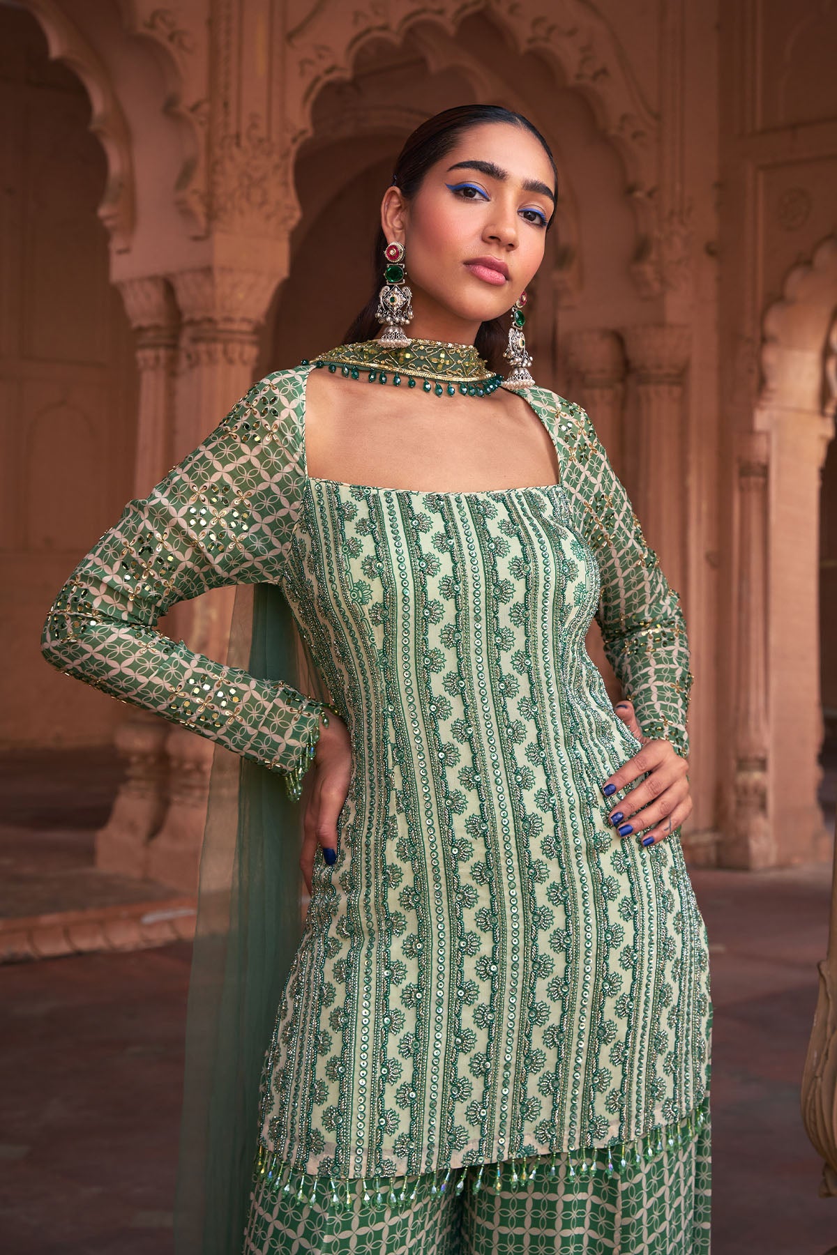 SAGE GREEN GRID PRINT & HIGHLIGHTED KURTI SET