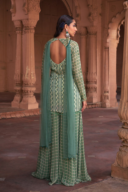 SAGE GREEN GRID PRINT & HIGHLIGHTED KURTI SET