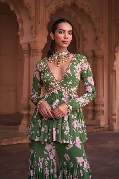 SAGE GREEN FLORAL PRINT & HIGHLIGHTED PEPLUM SET