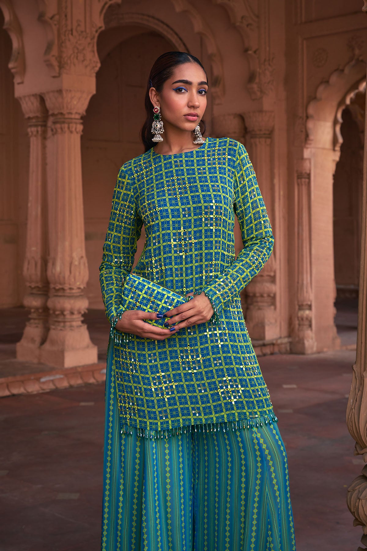 LIME YELLOW GRID PRINT & HIGHLIGHTED KURTI SET