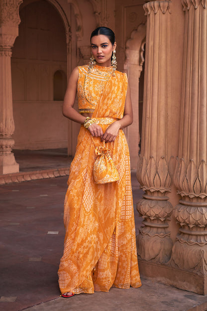 MUSTARD THIKRI PRINT & HIGHLIGHTED SAREE SET