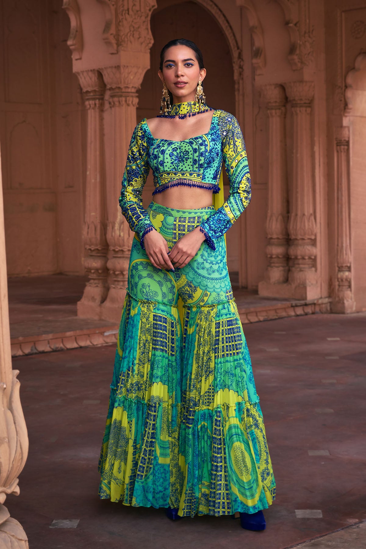 LIME YELLOW THIKRI PRINT & HIGHLIGHTED CROP TOP SET