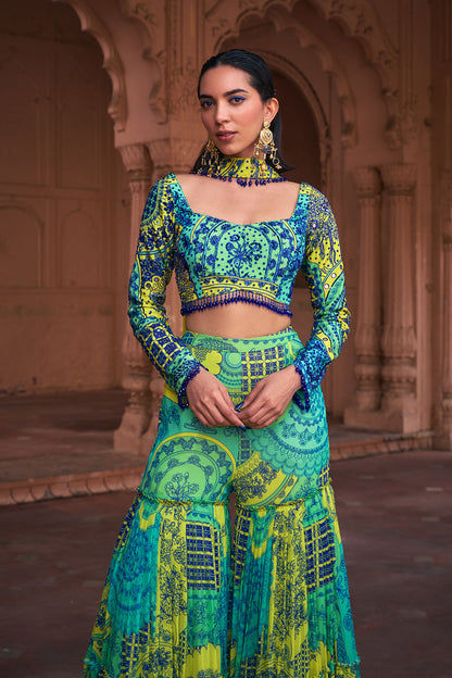 LIME YELLOW THIKRI PRINT & HIGHLIGHTED CROP TOP SET