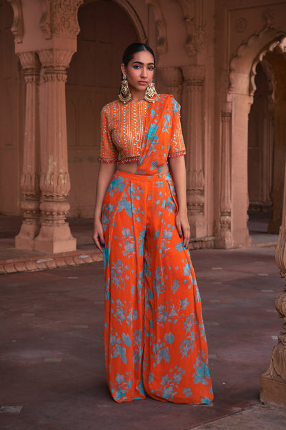 TANGERINE FLORAL PRINT & HIGHLIGHTED SAREE SET