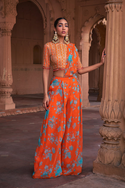 TANGERINE FLORAL PRINT & HIGHLIGHTED SAREE SET