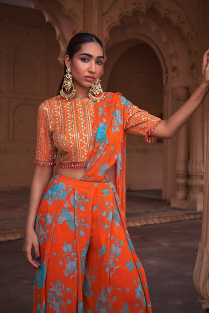 TANGERINE FLORAL PRINT & HIGHLIGHTED SAREE SET