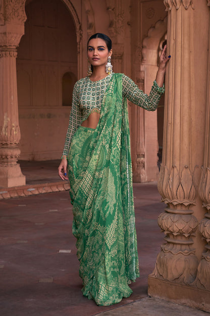 SAGE GREEN THIKRI PRINT & HIGHLIGHTED SAREE SET