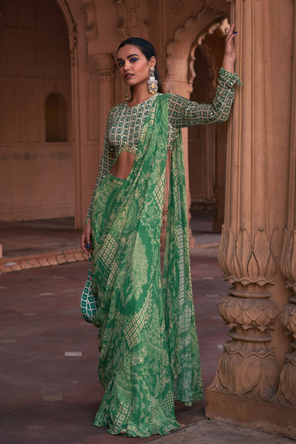 SAGE GREEN THIKRI PRINT & HIGHLIGHTED SAREE SET