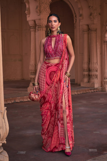 MAROON THIKRI PRINT & HIGHLIGHTED SAREE SET