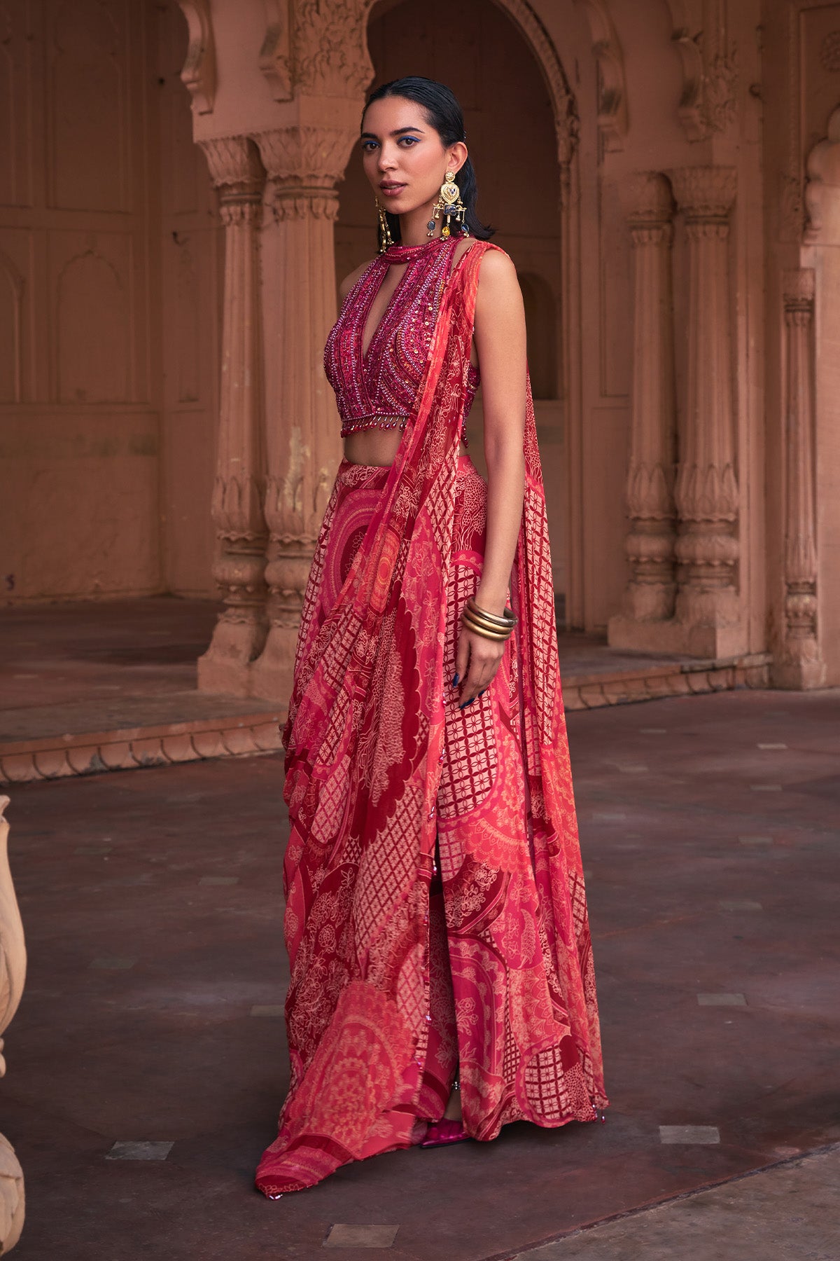 MAROON THIKRI PRINT & HIGHLIGHTED SAREE SET