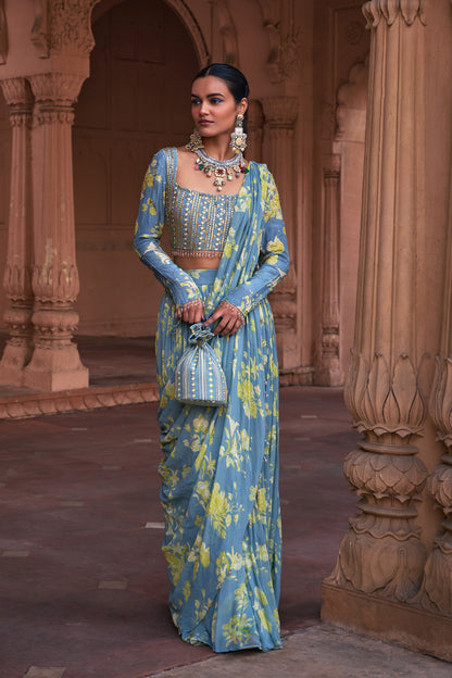 ICE BLUE FLORAL PRINT & HIGH;IGHTED SAREE SET