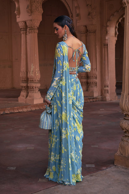 ICE BLUE FLORAL PRINT & HIGH;IGHTED SAREE SET