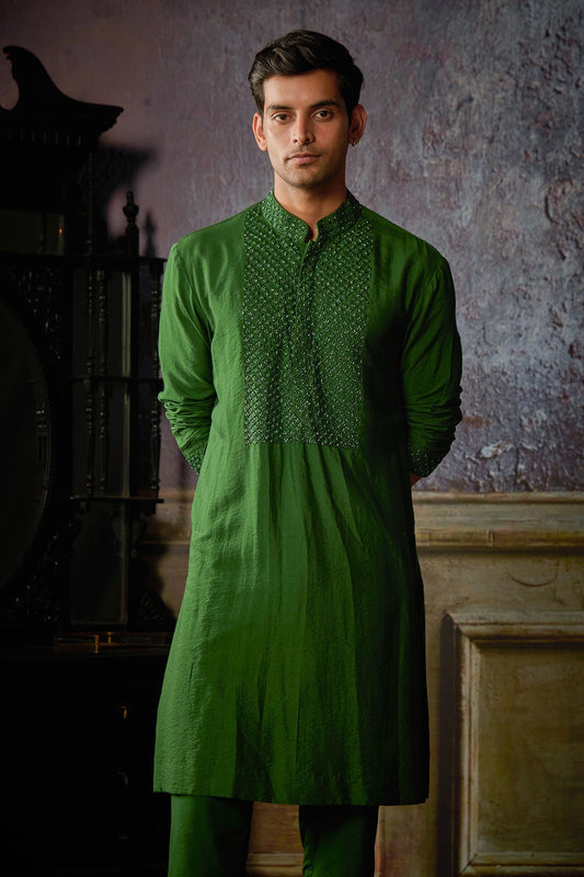 OLIVE GREEN YOKE EMBROIDERED KURTA WITH OLIVE GREEN PANTS