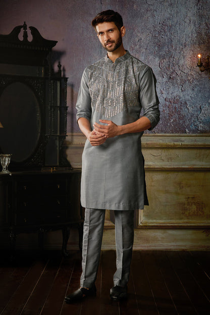 GREY WITH GUNMETAL EMBROIDERED KURTA WITH GREY PANTS