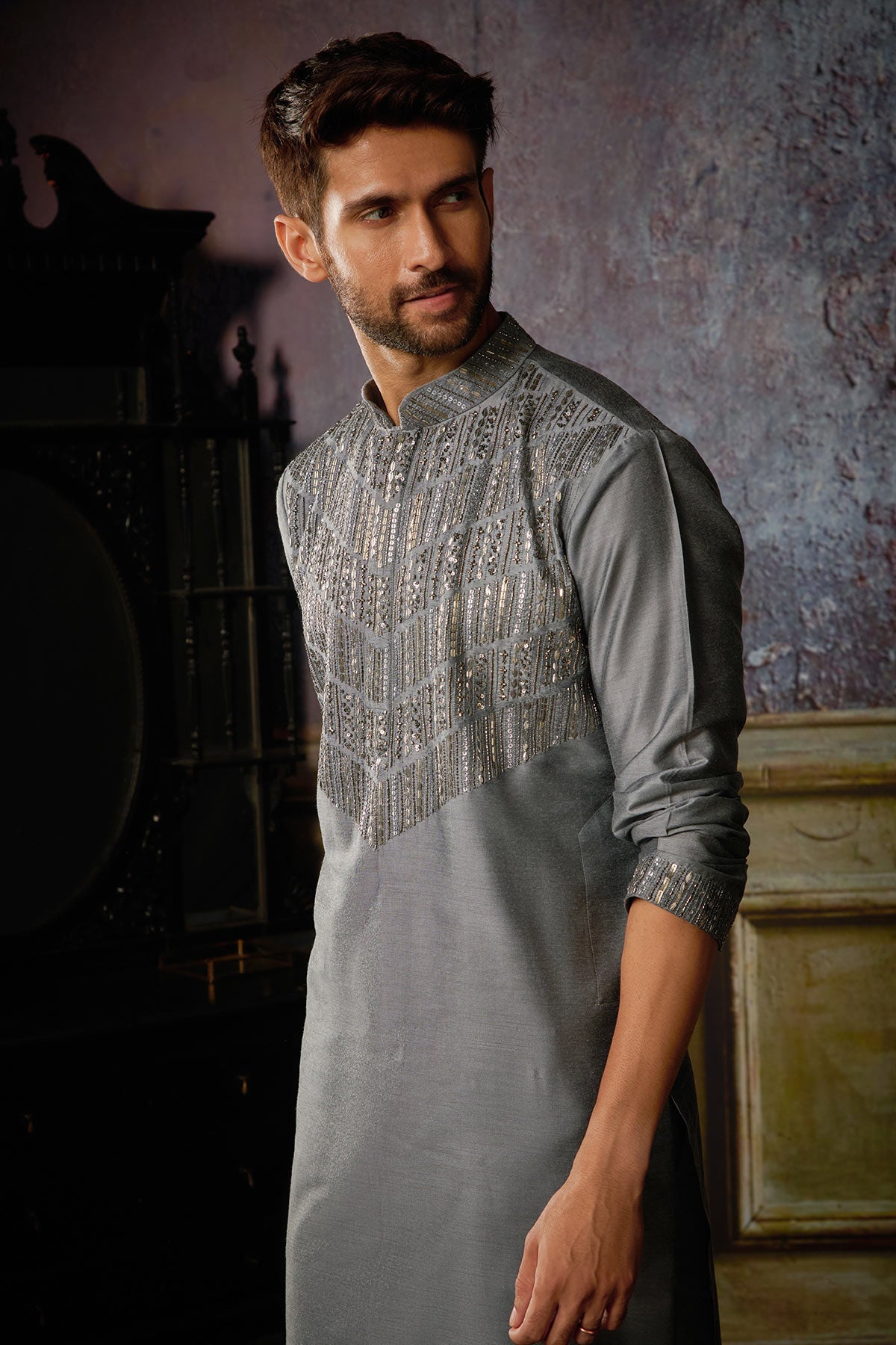 GREY WITH GUNMETAL EMBROIDERED KURTA WITH GREY PANTS