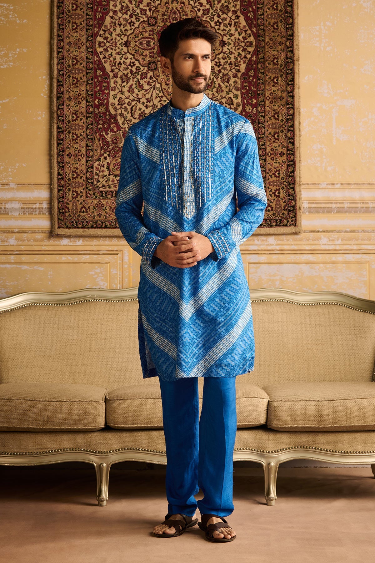 BLUE CHEVRON PRINT & EMBELLISHED KURTA WITH SOLID BLUE PANTS