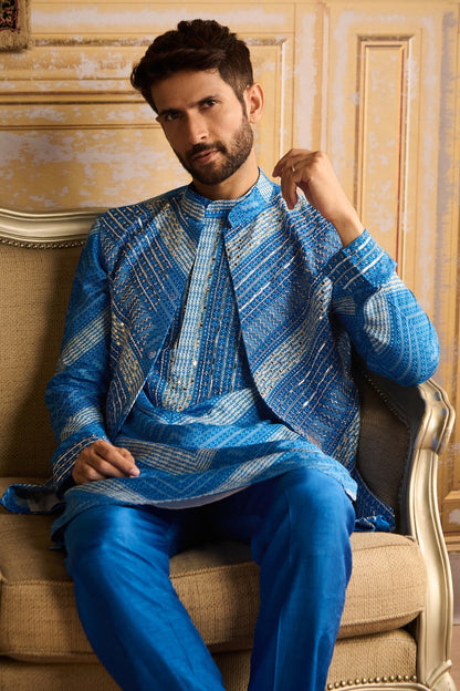 BLUE CHEVRON PRINT EMBELLISHED KURTA, BUNDY WITH SOLID PANTS