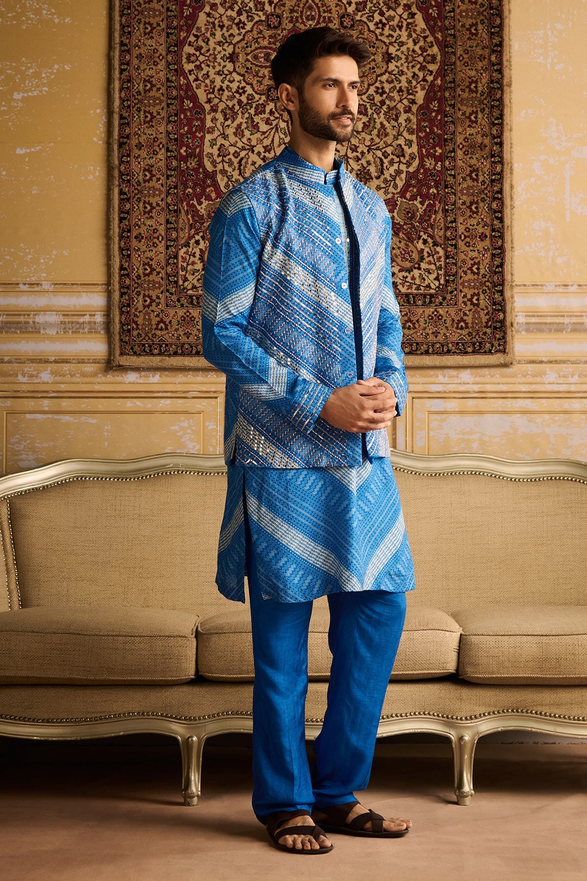 BLUE CHEVRON PRINT EMBELLISHED KURTA, BUNDY WITH SOLID PANTS