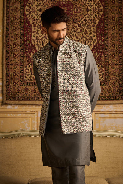 GREY WITH WHITE FLORAL GEOMETRIC EMBROIDERED KURTA, BUNDY WITH GREY PANTS