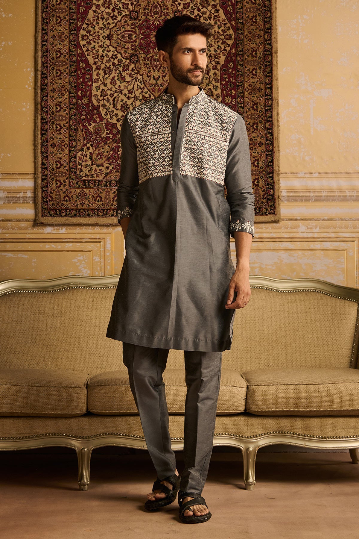 GREY WITH WHITE FLORAL GEOMETRIC EMBROIDERED KURTA, BUNDY WITH GREY PANTS